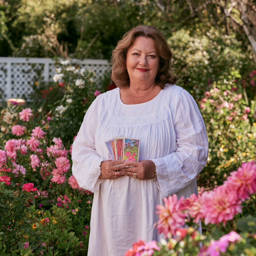 Ms. Luna holding tarot cards in a flower garden